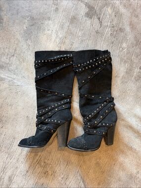 RACHEL Rachel Roy Black Studded Suede Mid-Calf Heeled Boots